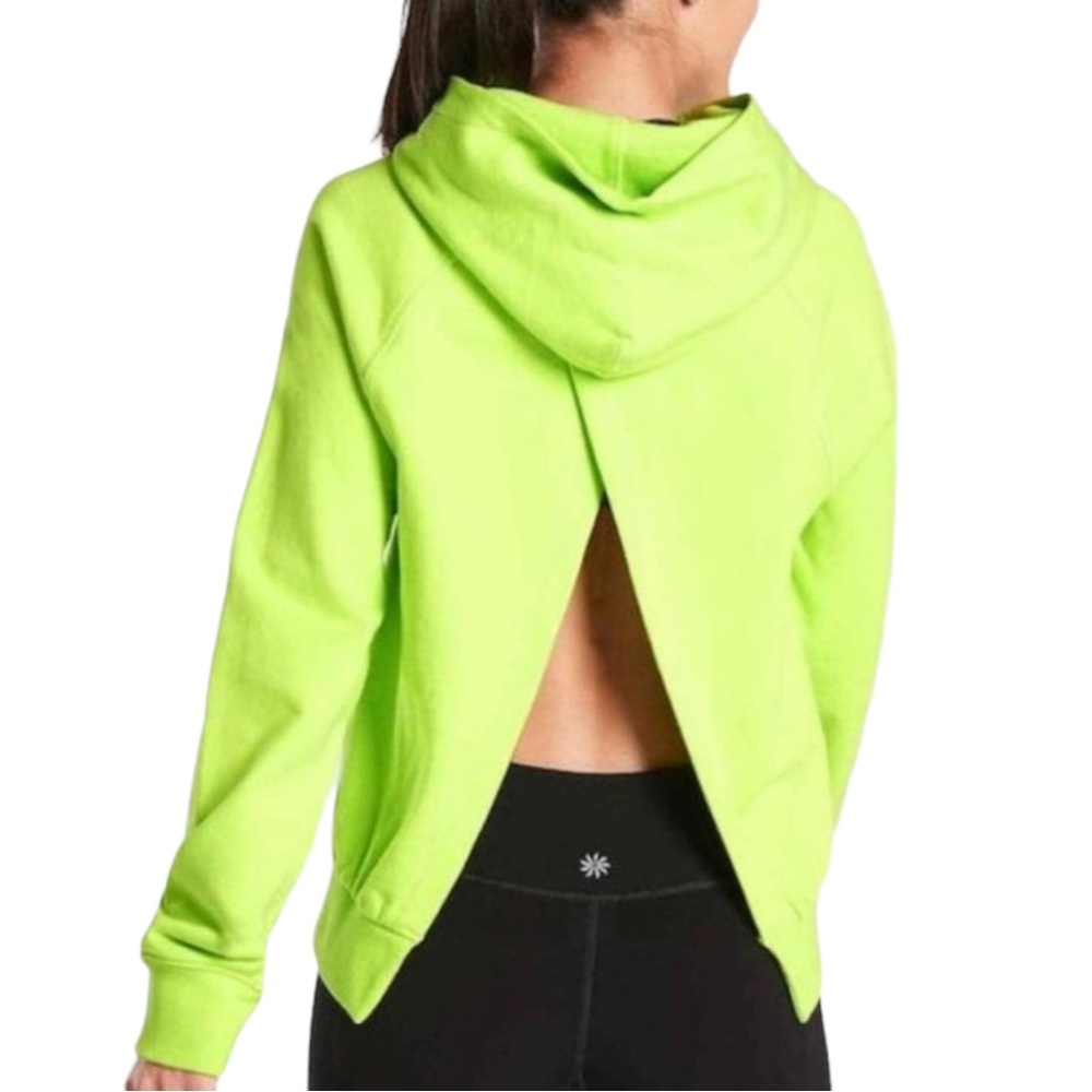Athleta Moonrise Hoodie Sweatshirt Open Split Back Neon Green Small